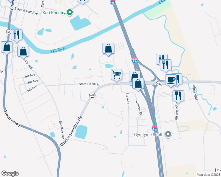 map of restaurants, bars, coffee shops, grocery stores, and more near 610 Cedar Grove Road in Shepherdsville