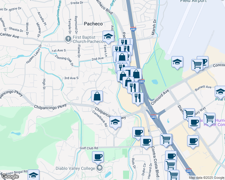 map of restaurants, bars, coffee shops, grocery stores, and more near 519 Camelback Road in Pleasant Hill