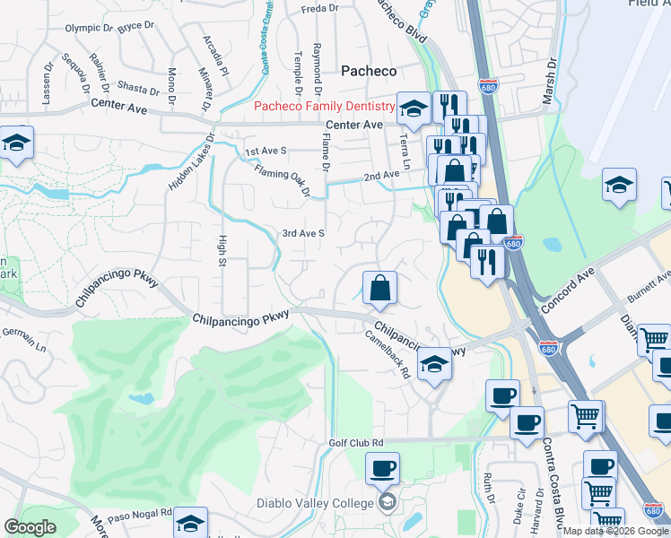 map of restaurants, bars, coffee shops, grocery stores, and more near 344 Scottsdale Road in Pleasant Hill