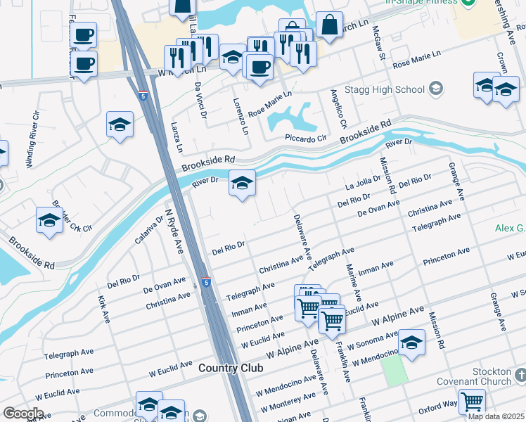 map of restaurants, bars, coffee shops, grocery stores, and more near 3935 La Jolla Drive in Stockton