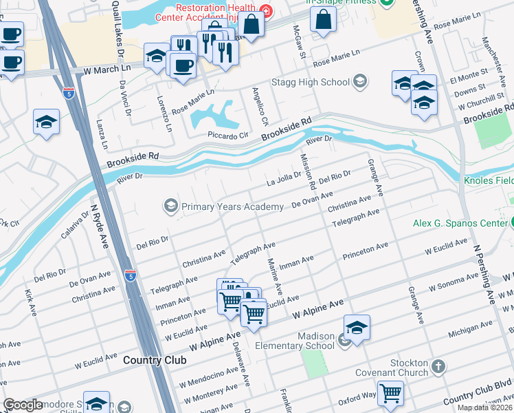 map of restaurants, bars, coffee shops, grocery stores, and more near 3832 Marine Avenue in Stockton
