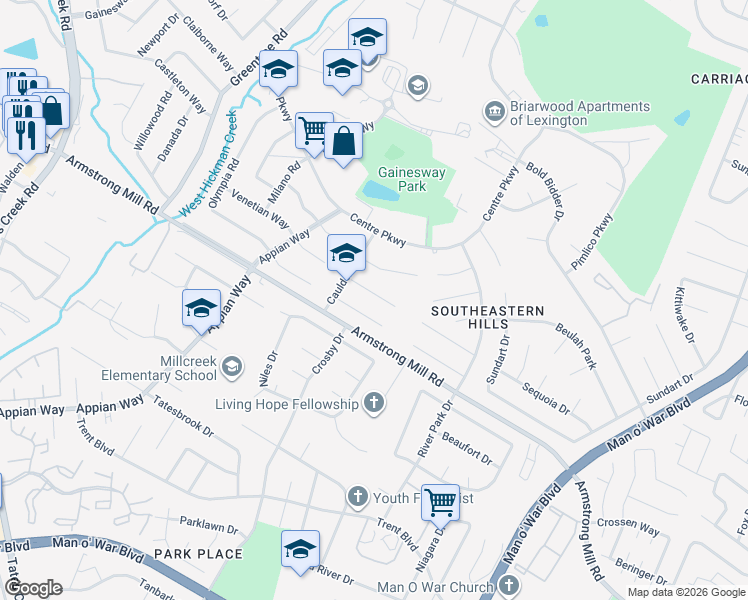 map of restaurants, bars, coffee shops, grocery stores, and more near 1248 Hot Springs Court in Lexington