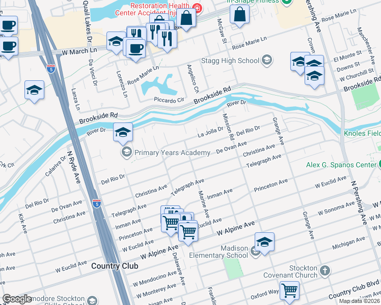 map of restaurants, bars, coffee shops, grocery stores, and more near 3832 Marine Avenue in Stockton