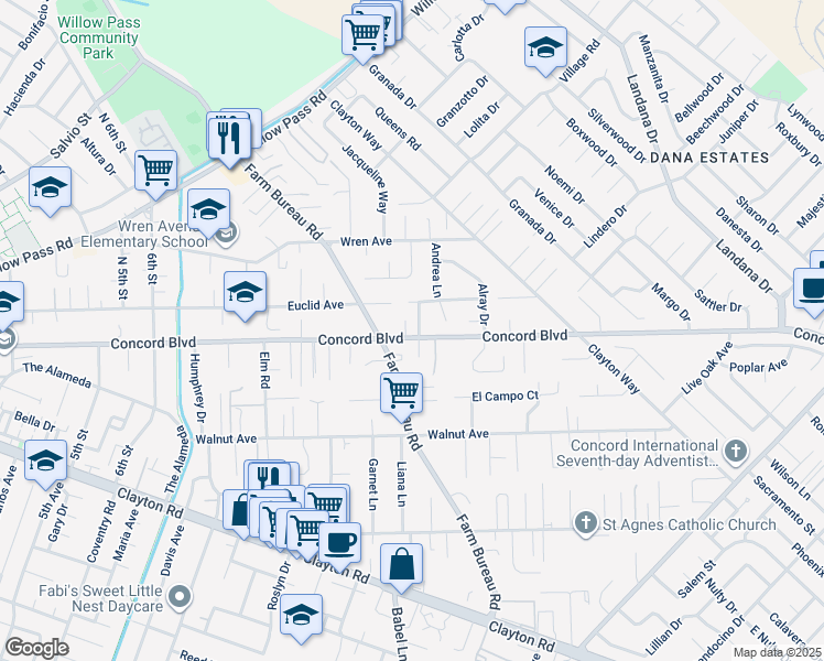 map of restaurants, bars, coffee shops, grocery stores, and more near 3633 Concord Boulevard in Concord