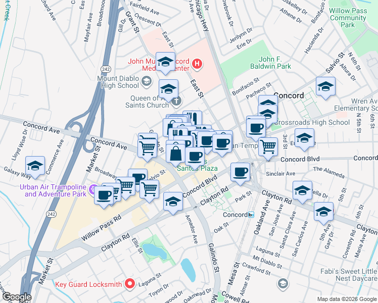 map of restaurants, bars, coffee shops, grocery stores, and more near 2151 Salvio Street in Concord