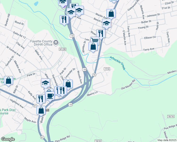 map of restaurants, bars, coffee shops, grocery stores, and more near Woodlawn Ave in Oak Hill