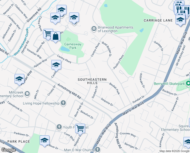 map of restaurants, bars, coffee shops, grocery stores, and more near 3500 Sundart Drive in Lexington