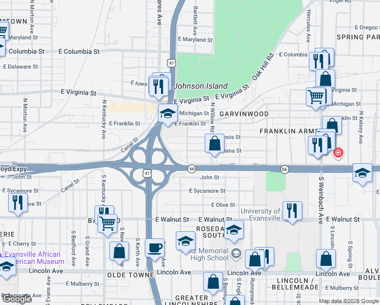 map of restaurants, bars, coffee shops, grocery stores, and more near 1316 East Indiana Street in Evansville