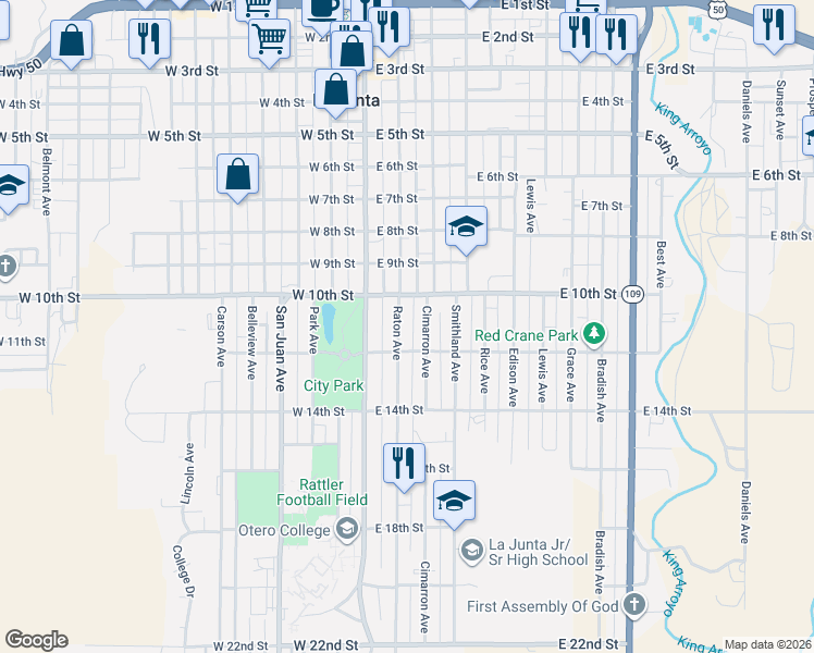 map of restaurants, bars, coffee shops, grocery stores, and more near 1008 Raton Avenue in La Junta