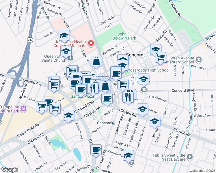 map of restaurants, bars, coffee shops, grocery stores, and more near 2400 Willow Pass Road in Concord