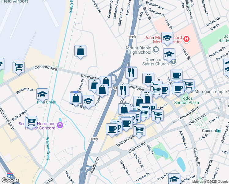 map of restaurants, bars, coffee shops, grocery stores, and more near Highway 242 in Concord