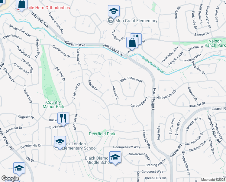 map of restaurants, bars, coffee shops, grocery stores, and more near 3300 Kodiak Street in Antioch