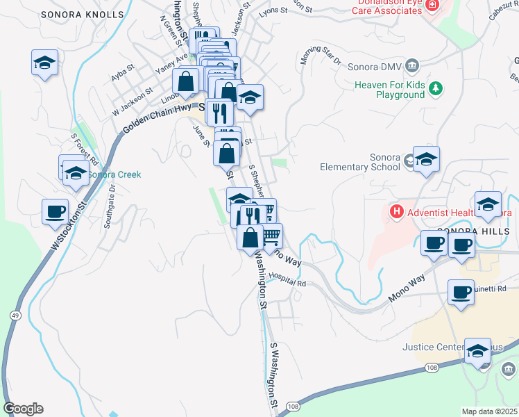 map of restaurants, bars, coffee shops, grocery stores, and more near 508 South Shepherd Street in Sonora