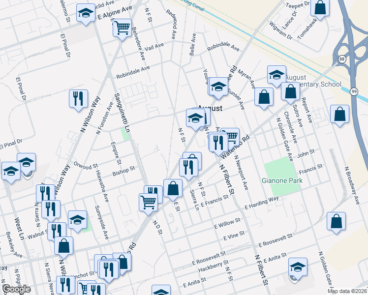 map of restaurants, bars, coffee shops, grocery stores, and more near 1901 Cherokee Road in Stockton