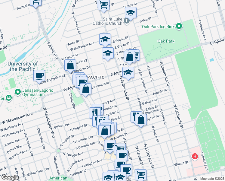 map of restaurants, bars, coffee shops, grocery stores, and more near 3 West Mendocino Avenue in Stockton