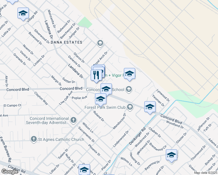 map of restaurants, bars, coffee shops, grocery stores, and more near 1722 Sapling Court in Concord