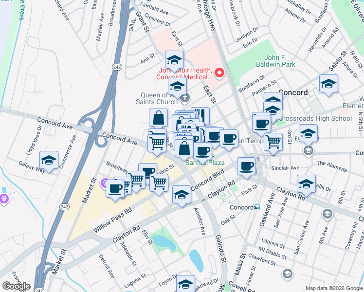 map of restaurants, bars, coffee shops, grocery stores, and more near 2110 Mount Diablo Street in Concord