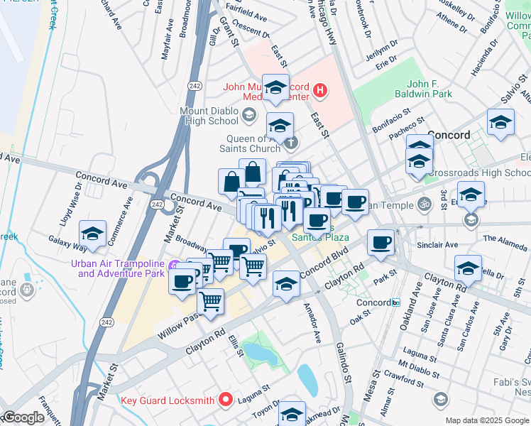 map of restaurants, bars, coffee shops, grocery stores, and more near 2174 Galindo Street in Concord