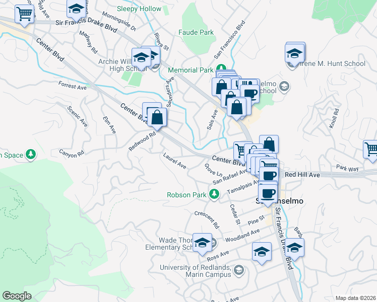 map of restaurants, bars, coffee shops, grocery stores, and more near 70 Karl Avenue in San Anselmo