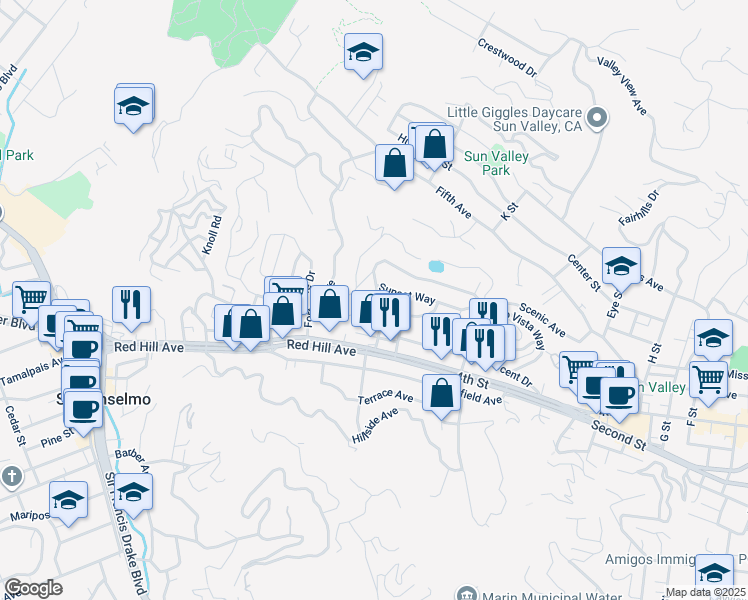 map of restaurants, bars, coffee shops, grocery stores, and more near 111 Santa Margarita Drive in San Rafael