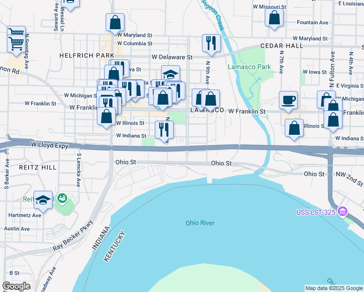 map of restaurants, bars, coffee shops, grocery stores, and more near 18 North Wabash Avenue of Flags in Evansville
