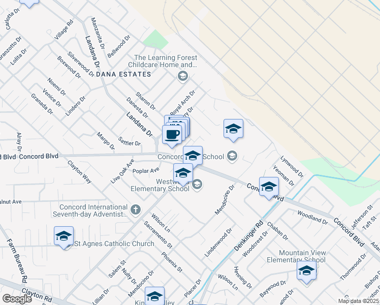map of restaurants, bars, coffee shops, grocery stores, and more near 1806 Chinquapin Court in Concord