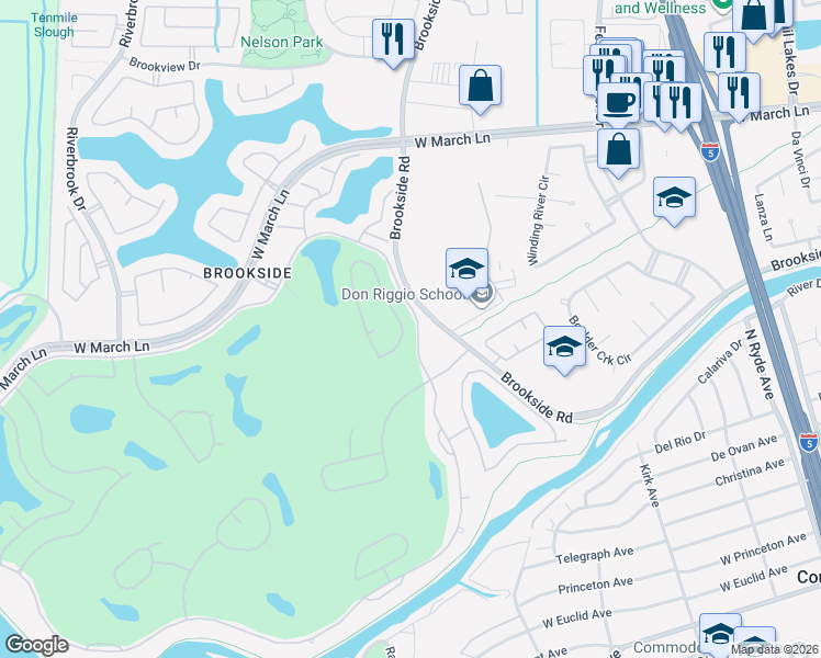 map of restaurants, bars, coffee shops, grocery stores, and more near 4055 Glen Abby Circle in Stockton