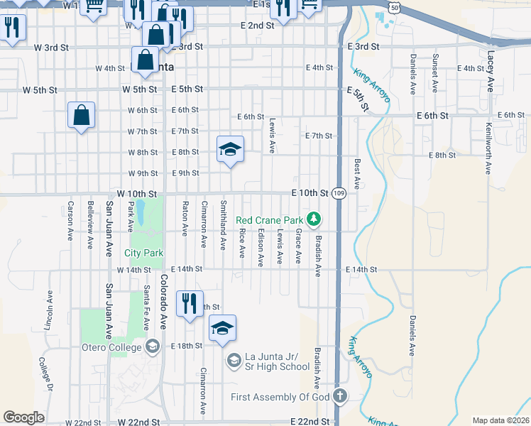 map of restaurants, bars, coffee shops, grocery stores, and more near 1006 Edison Avenue in La Junta