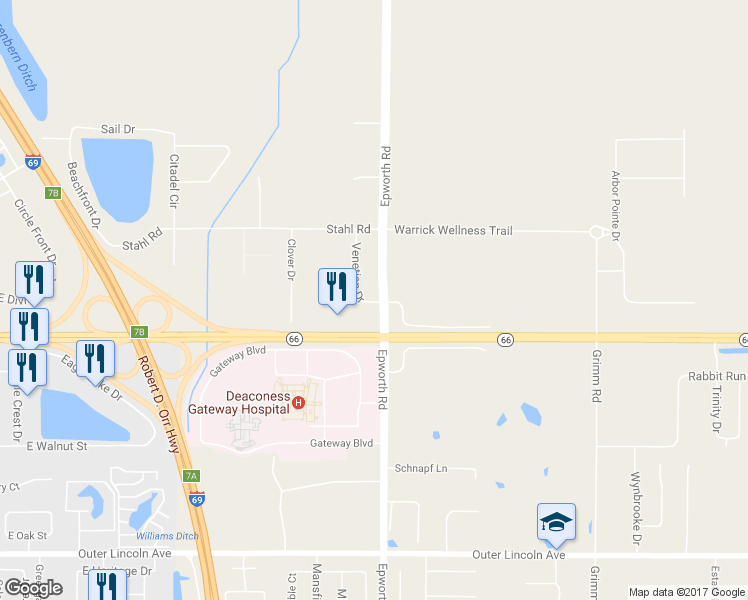 map of restaurants, bars, coffee shops, grocery stores, and more near 3921 Epworth Road in Newburgh