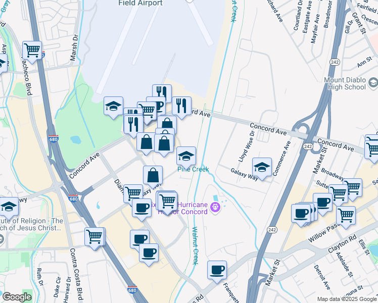 map of restaurants, bars, coffee shops, grocery stores, and more near 2150 John Glenn Drive in Concord