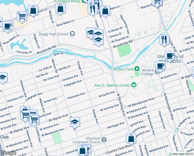 map of restaurants, bars, coffee shops, grocery stores, and more near 1540 Telegraph Avenue in Stockton