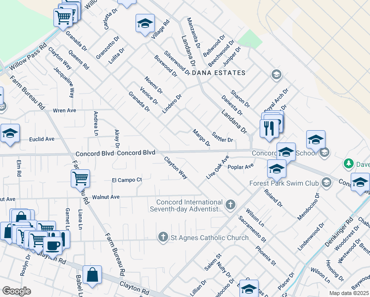 map of restaurants, bars, coffee shops, grocery stores, and more near 1779 Granada Drive in Concord