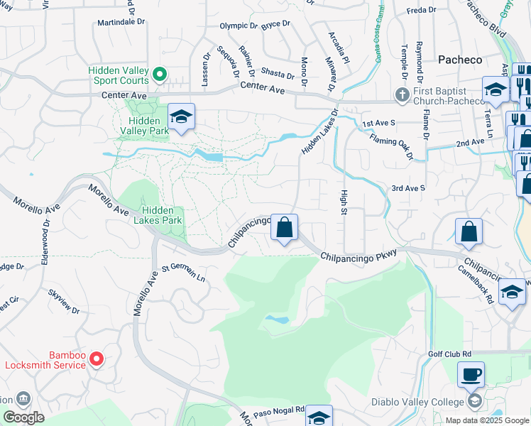 map of restaurants, bars, coffee shops, grocery stores, and more near 2131 Shadow Lake Place in Martinez