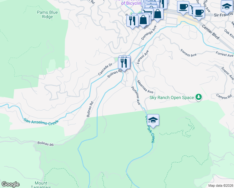 map of restaurants, bars, coffee shops, grocery stores, and more near 57 Wood Lane in Fairfax