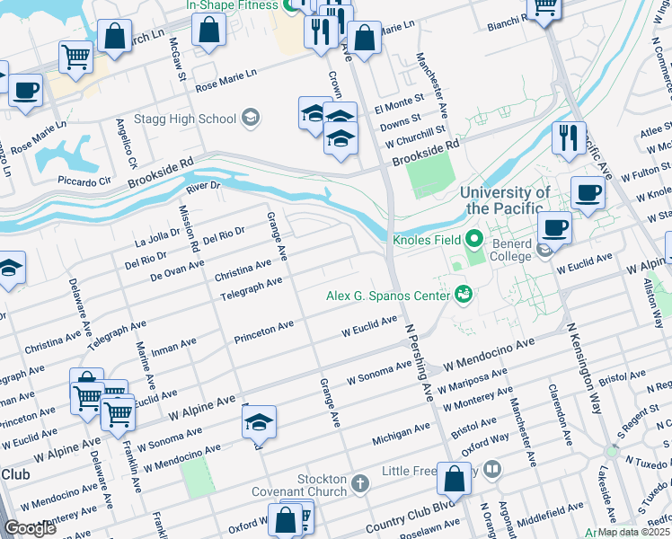 map of restaurants, bars, coffee shops, grocery stores, and more near 1515 Telegraph Avenue in Stockton