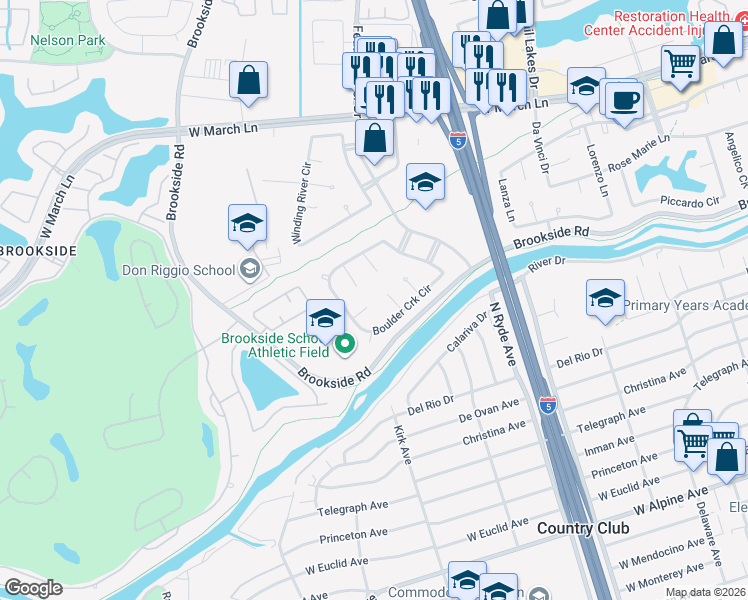 map of restaurants, bars, coffee shops, grocery stores, and more near 4306 Morning Brook Court in Stockton