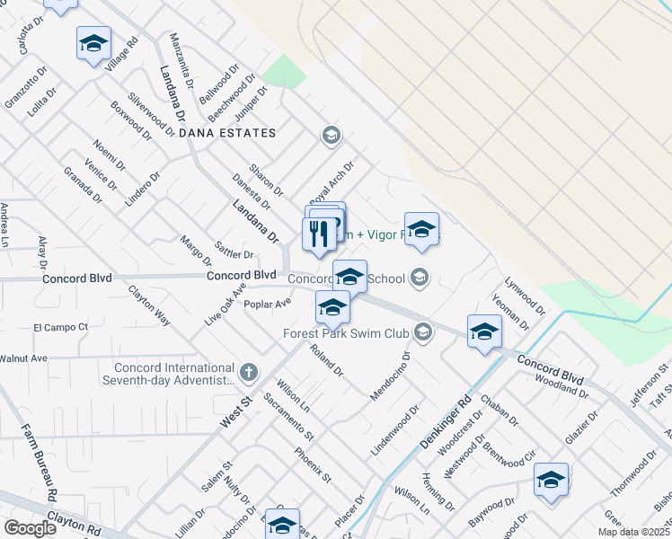 map of restaurants, bars, coffee shops, grocery stores, and more near 1735 Sapling Court in Concord