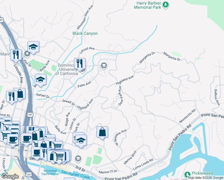 map of restaurants, bars, coffee shops, grocery stores, and more near 130 Highland Avenue in San Rafael