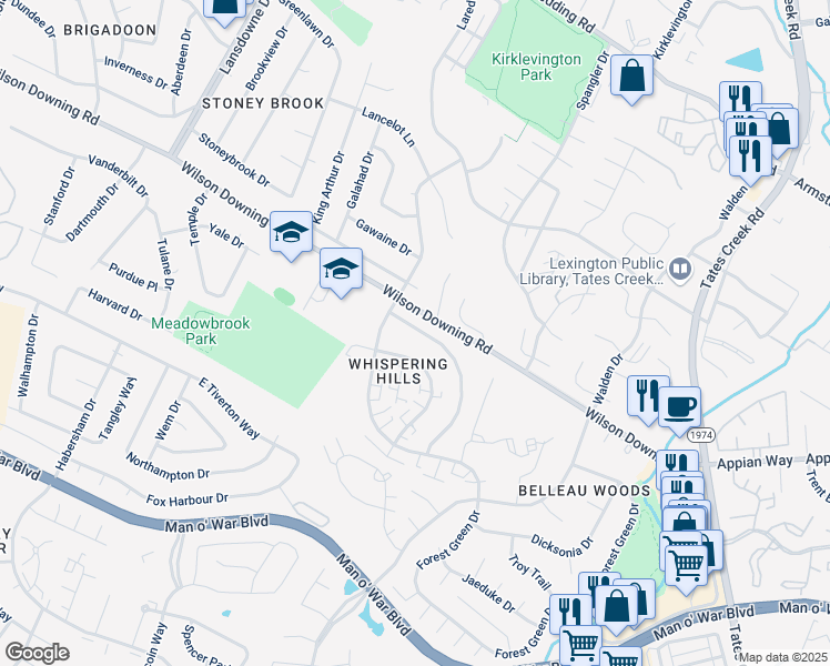 map of restaurants, bars, coffee shops, grocery stores, and more near 421 Whispering Hills Drive in Lexington