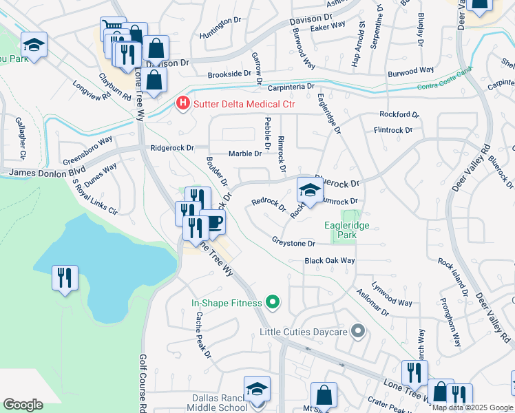 map of restaurants, bars, coffee shops, grocery stores, and more near 318 Redrock Drive in Antioch