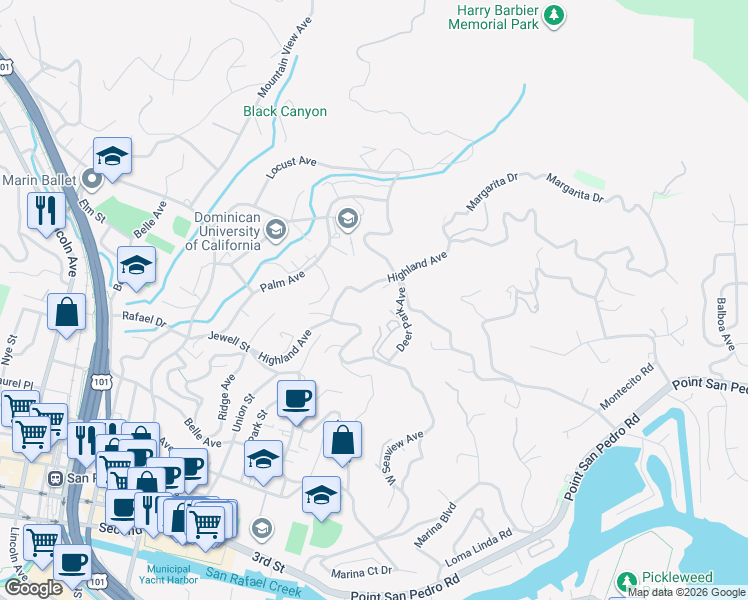 map of restaurants, bars, coffee shops, grocery stores, and more near 130 Highland Avenue in San Rafael