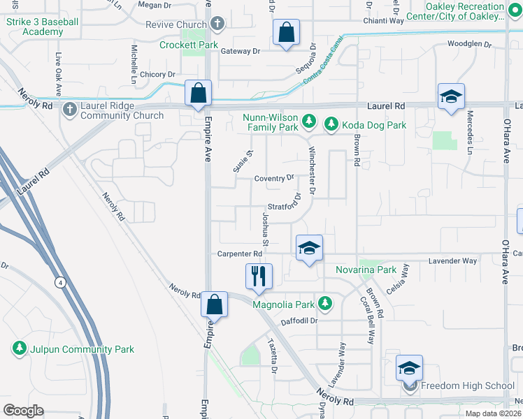 map of restaurants, bars, coffee shops, grocery stores, and more near 716 Joshua Street in Oakley