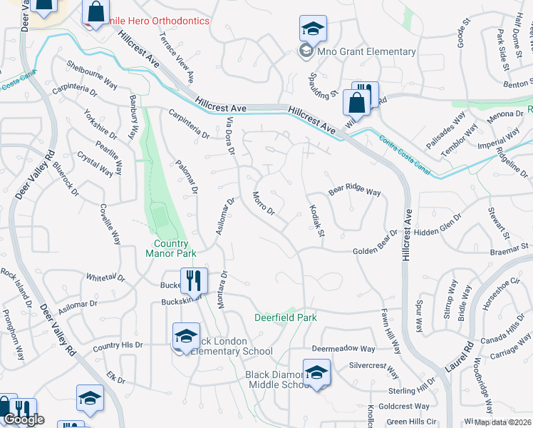 map of restaurants, bars, coffee shops, grocery stores, and more near 2829 Morro Drive in Antioch