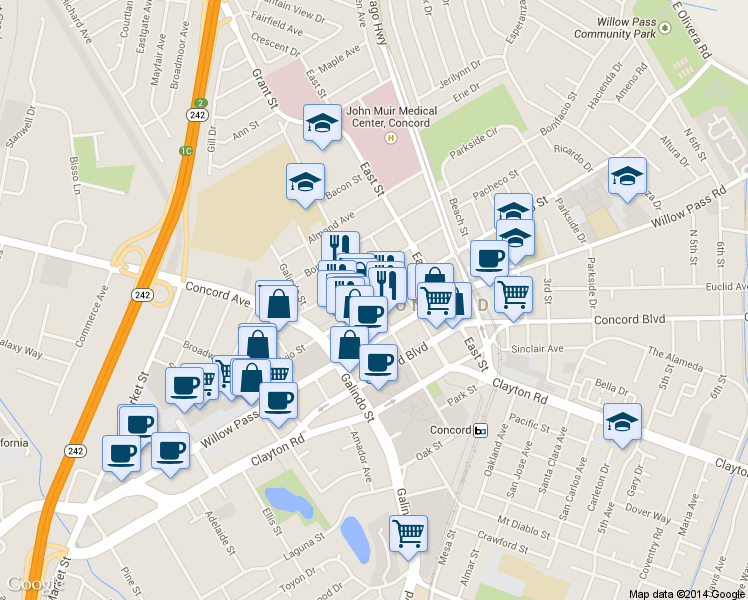 map of restaurants, bars, coffee shops, grocery stores, and more near 2151 Grant Street in Concord