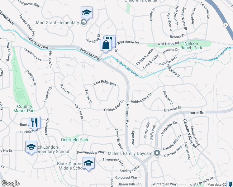 map of restaurants, bars, coffee shops, grocery stores, and more near 3340 Bear Ridge Way in Antioch