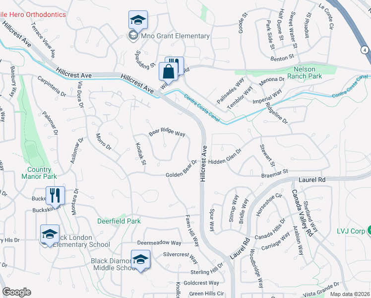 map of restaurants, bars, coffee shops, grocery stores, and more near 3340 Bear Ridge Way in Antioch