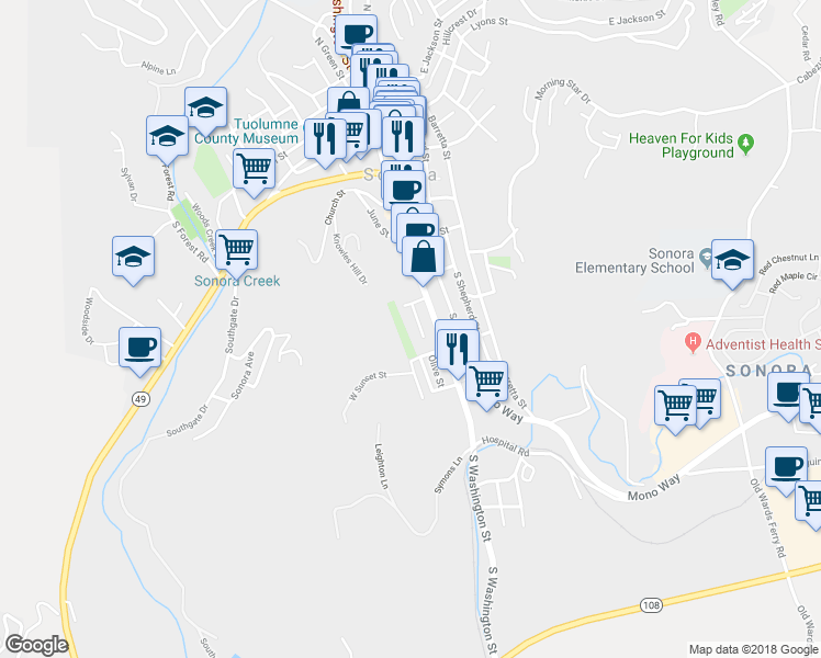 map of restaurants, bars, coffee shops, grocery stores, and more near 504 Mcgowan Street in Sonora
