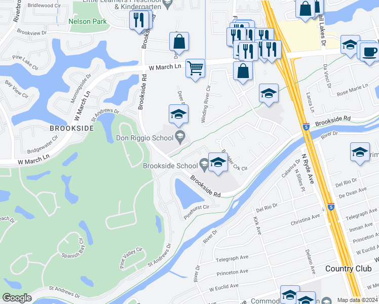 map of restaurants, bars, coffee shops, grocery stores, and more near 3064 Carousel Circle in Stockton