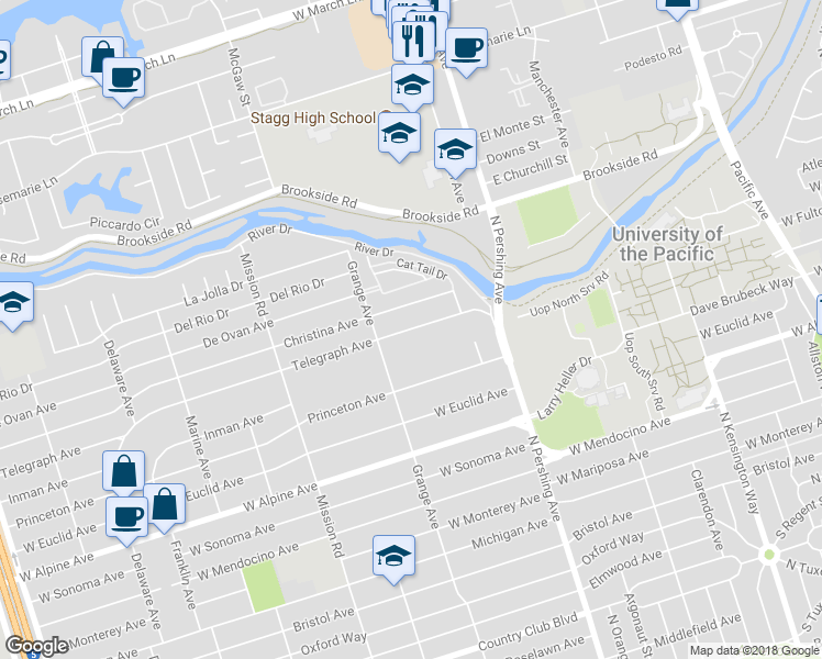map of restaurants, bars, coffee shops, grocery stores, and more near 1564 Telegraph Avenue in Stockton