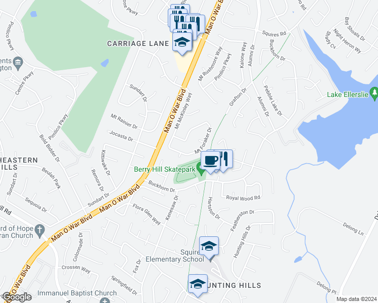 map of restaurants, bars, coffee shops, grocery stores, and more near 3353 Mount Foraker Drive in Lexington